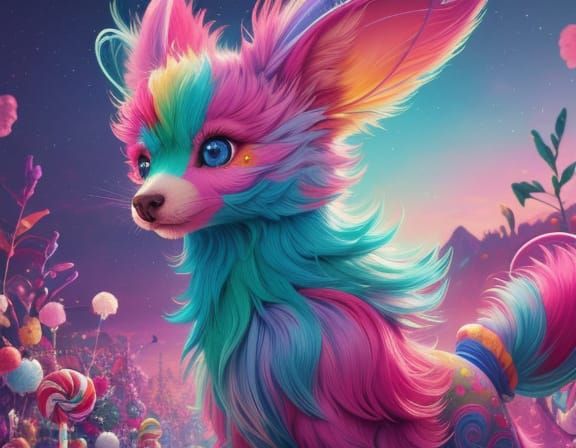 Whimsical Creature in Vibrant Candy Land, Digital Art