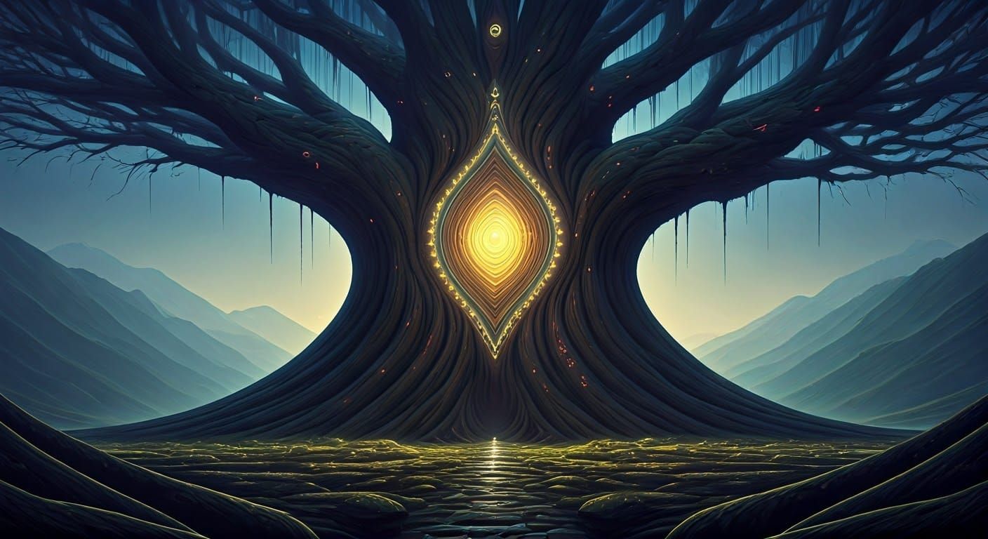 Ethereal Gateway Tree: Cosmic Horror in Dreamlike Landscape