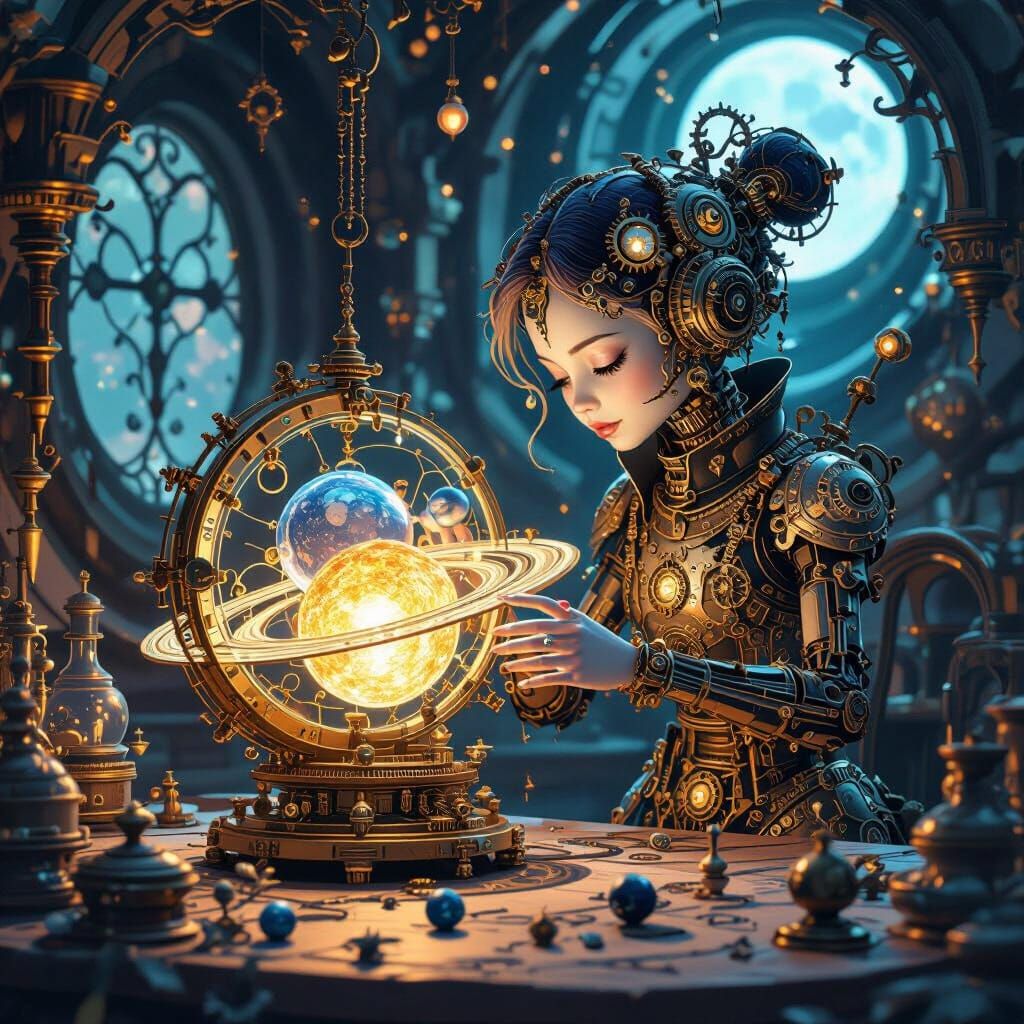 Steampunk Clockwork Character with Glowing Orrery