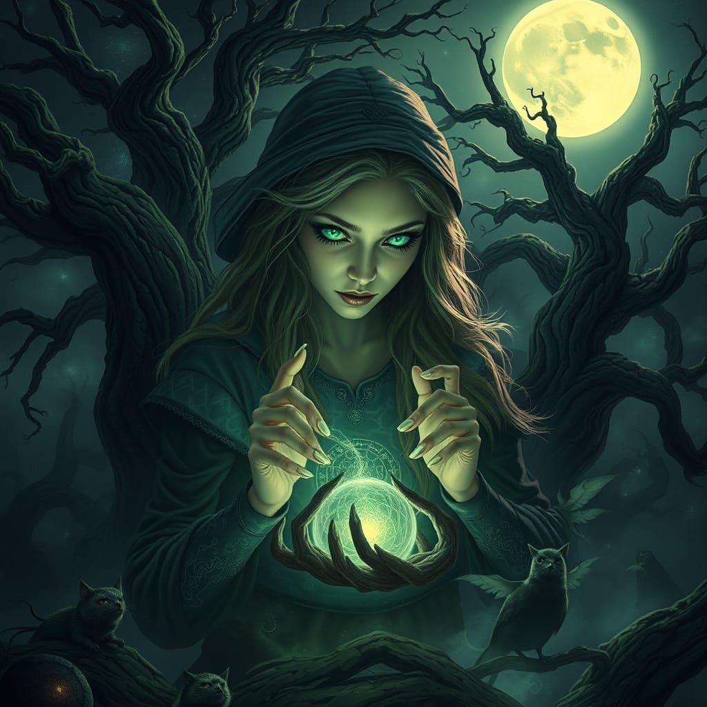 Enchanted Witch Weaves Magic Beneath a Radiant Moonlit Sky