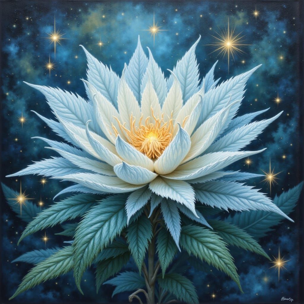 Ethereal Cannabis Flower with Hidden Eyes in Surreal Style