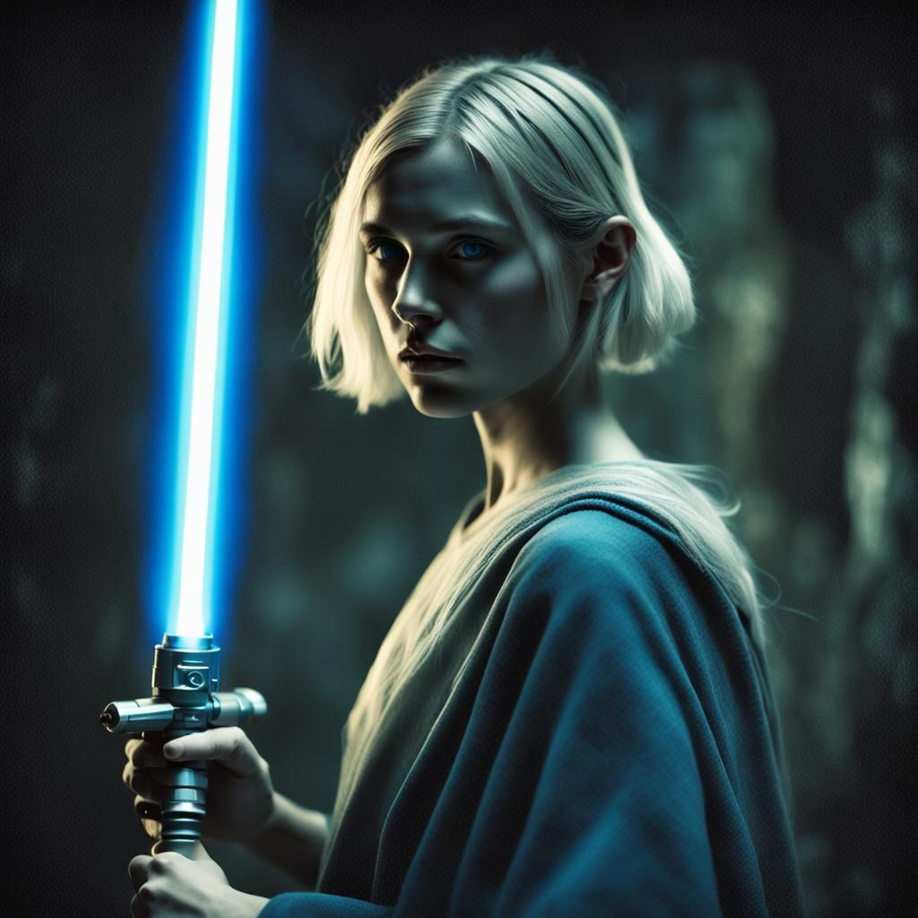 Cyberpunk Jedi Girl with Lightsaber in Smokey Scene