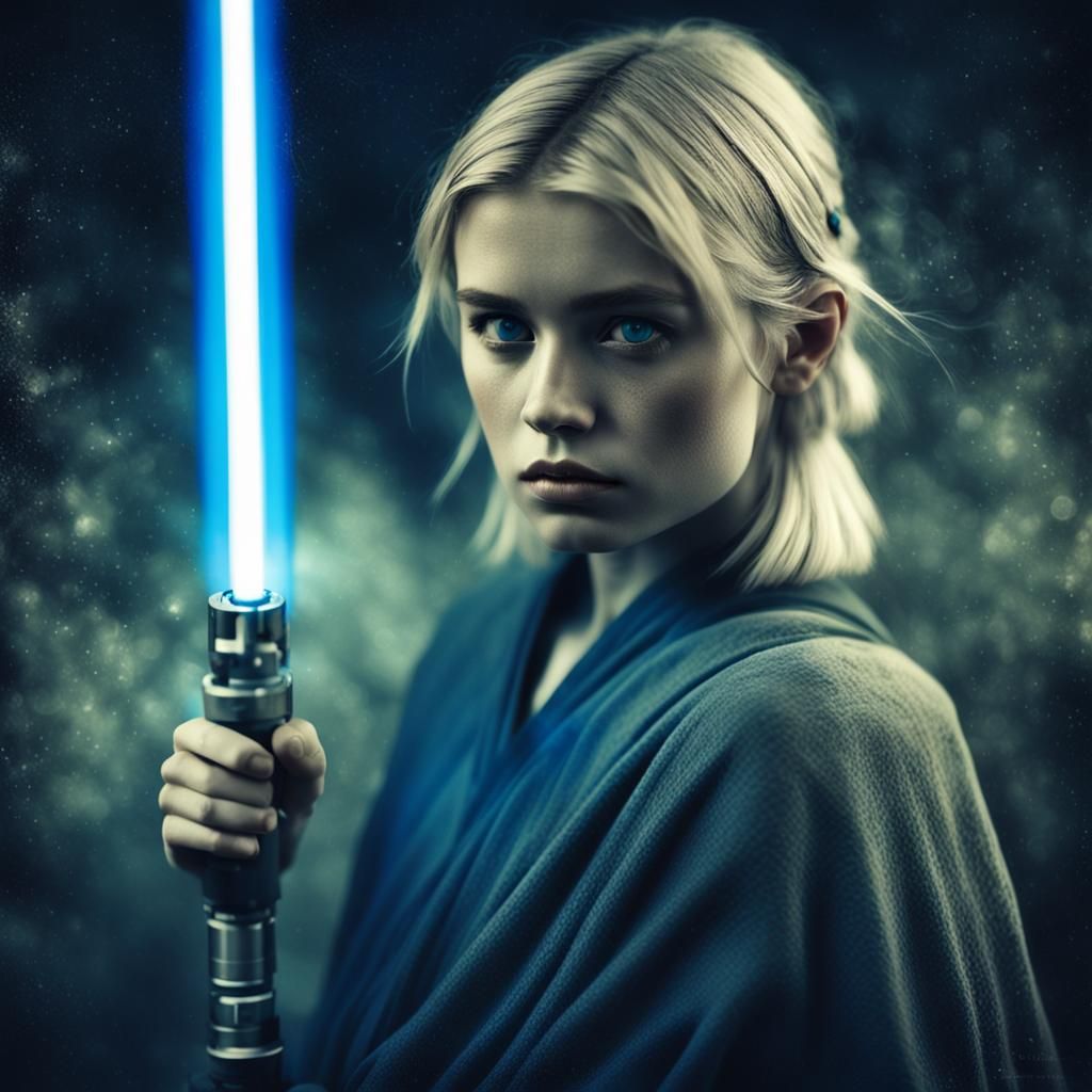 Cyberpunk Jedi Girl with Lightsaber in Smokey Scene