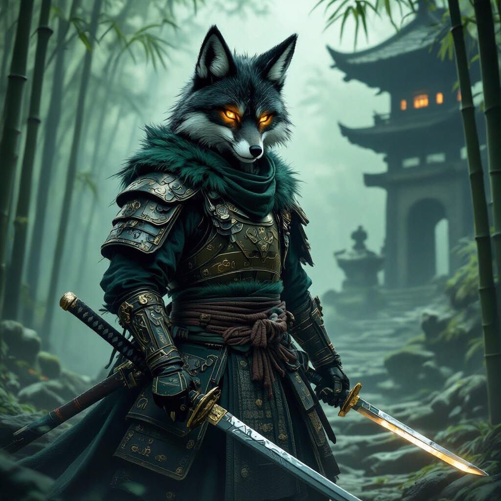Spectral Samurai Fox Guarding Crumbling Temple