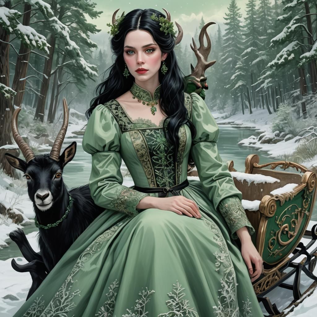 Gothic Woman in Green Sleigh Pulled by Goat