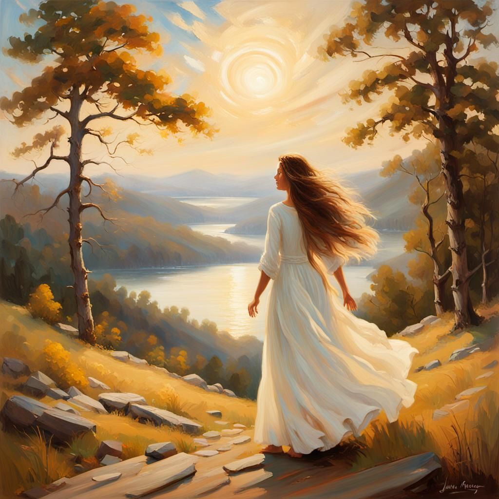 Windswept Woman in Landscape: Hudson River School Oil