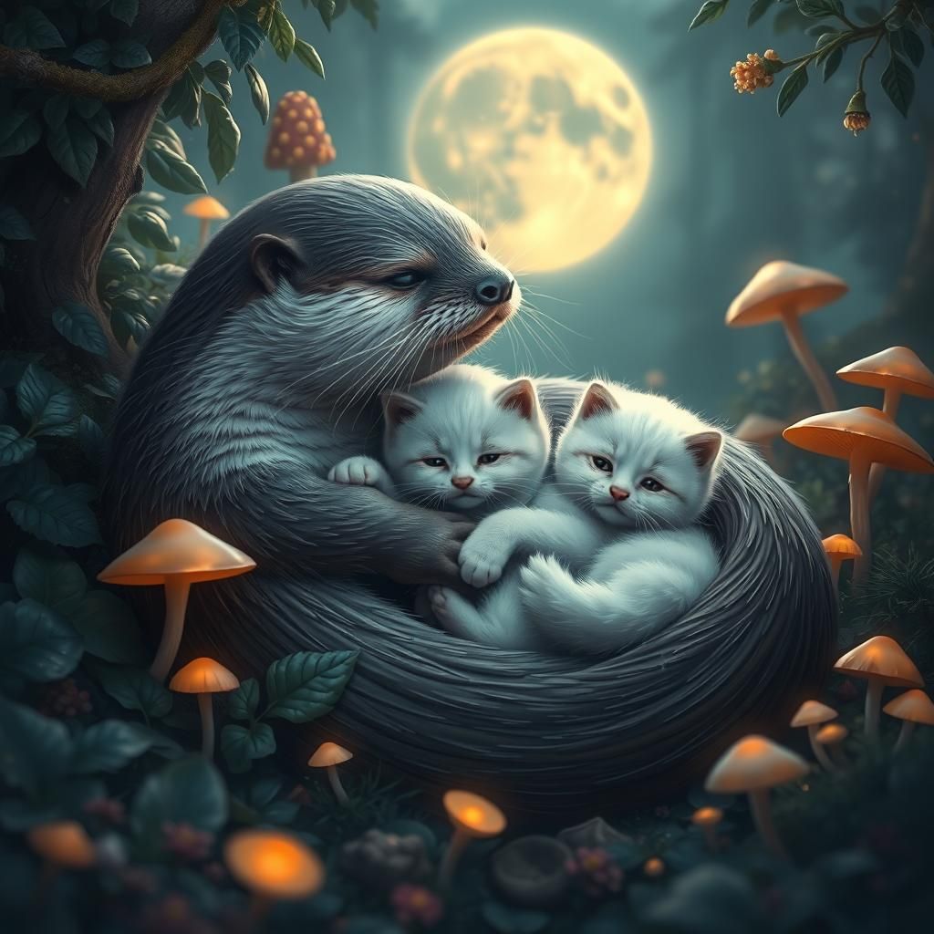 Otter Cradling Kittens in a Mystical Landscape