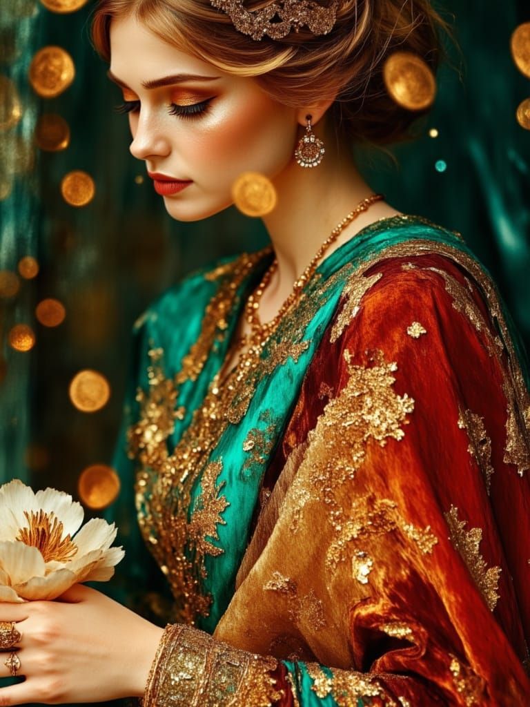 Autumn Portrait of Woman in Elaborate Gold Jewellery
