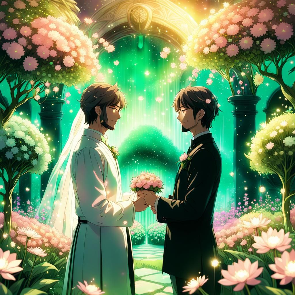 Pastel Anime Wedding in a Glowing Garden