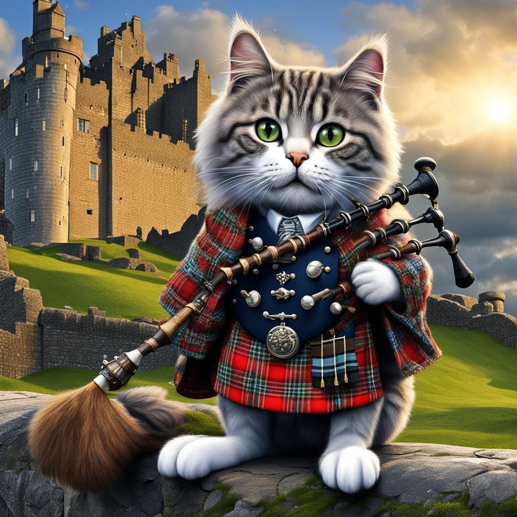 Scottish Cat Playing Bagpipes in Edinburgh, Digital Art