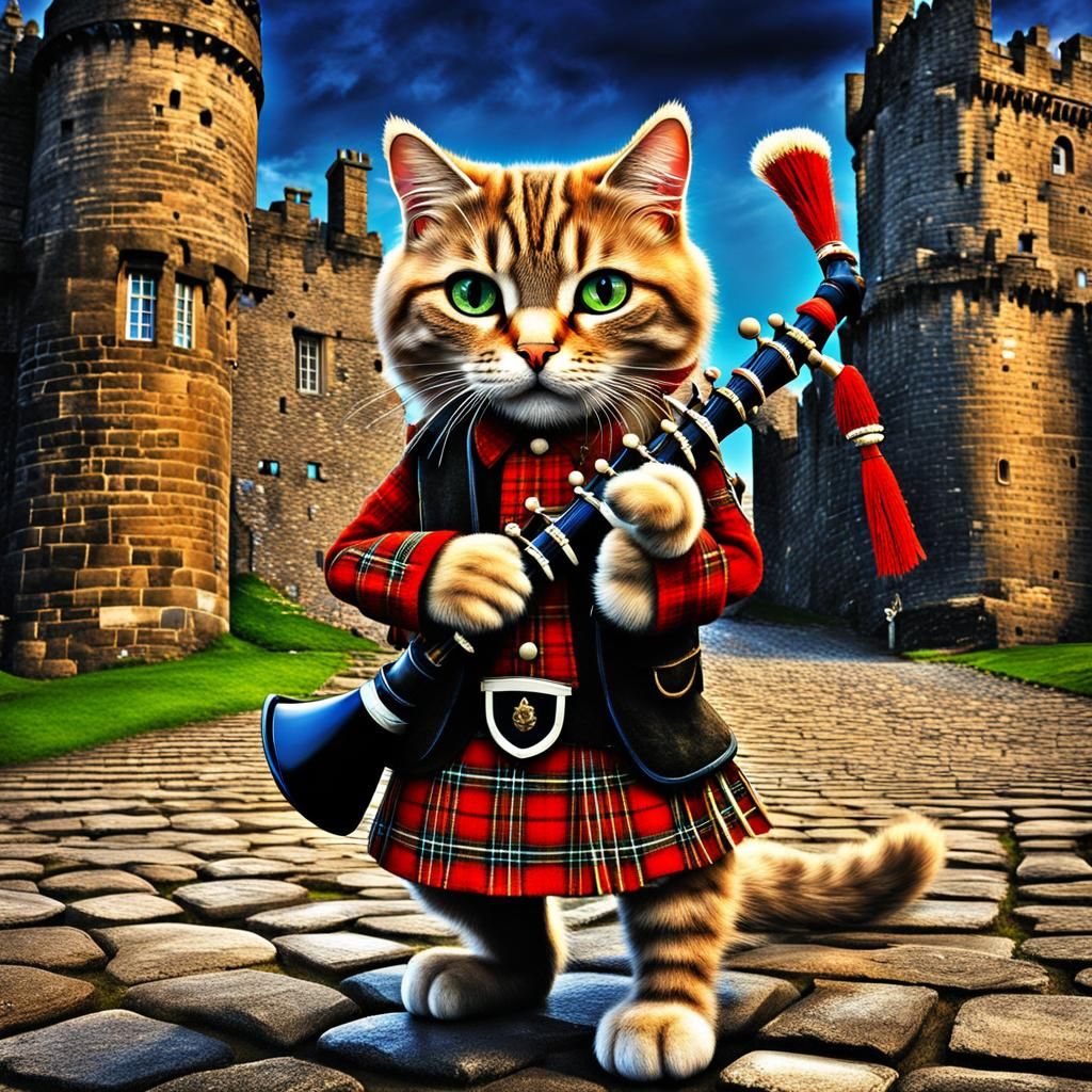 Cute Furry Cat in Kilt Playing Bagpipes