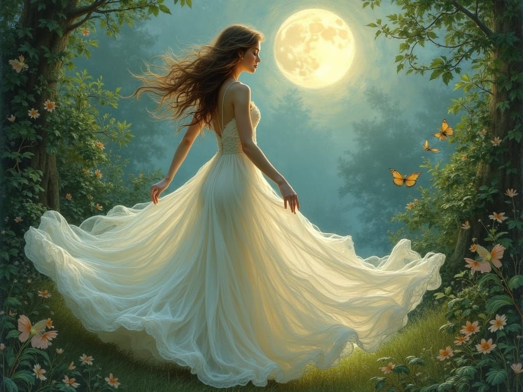 Woman Dancing Under Full Moon in Ethereal Gown