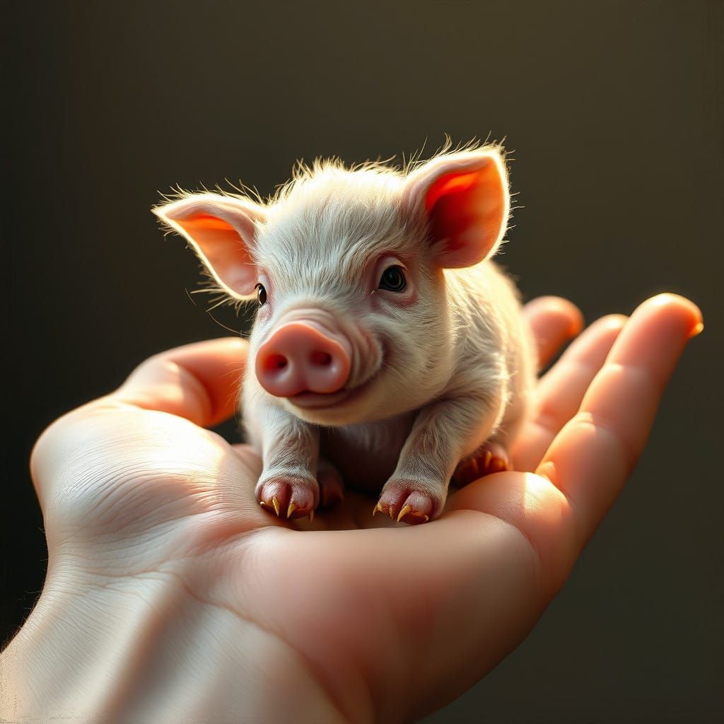 Tiny Miniature Pig in Hand, Golden Light