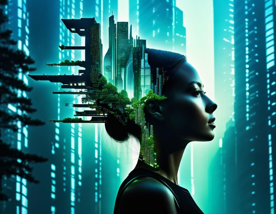 Woman's Silhouette in Futuristic Cityscape Double Exposure