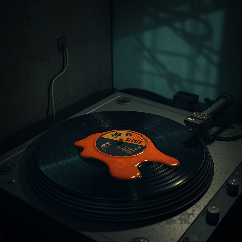 Melting Vinyl Record on Turntable in Hyperrealistic Style