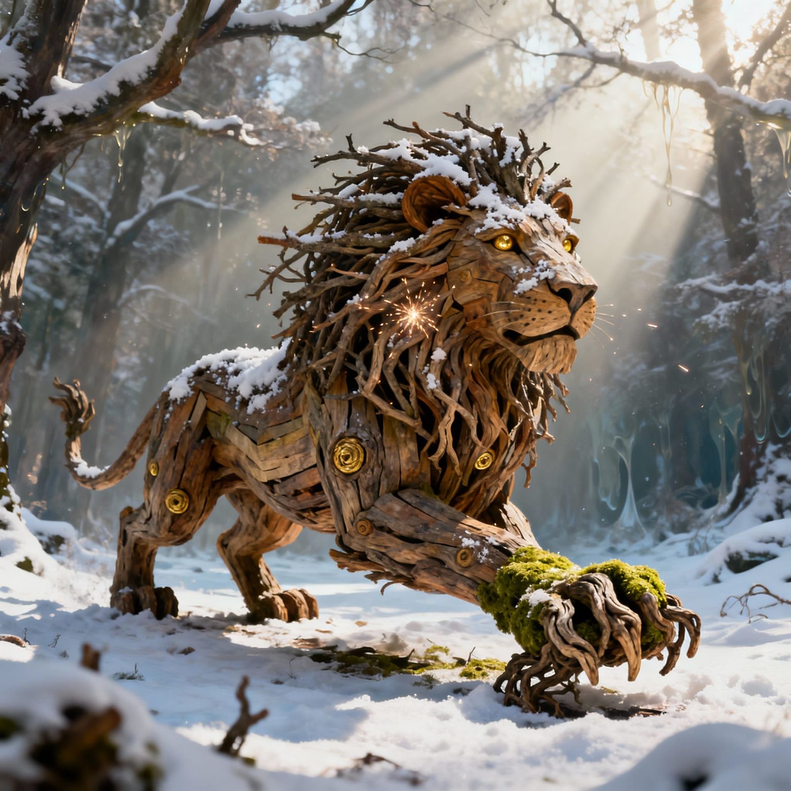 Majestic Wooden Lion Sculpture in Snowy Clearing