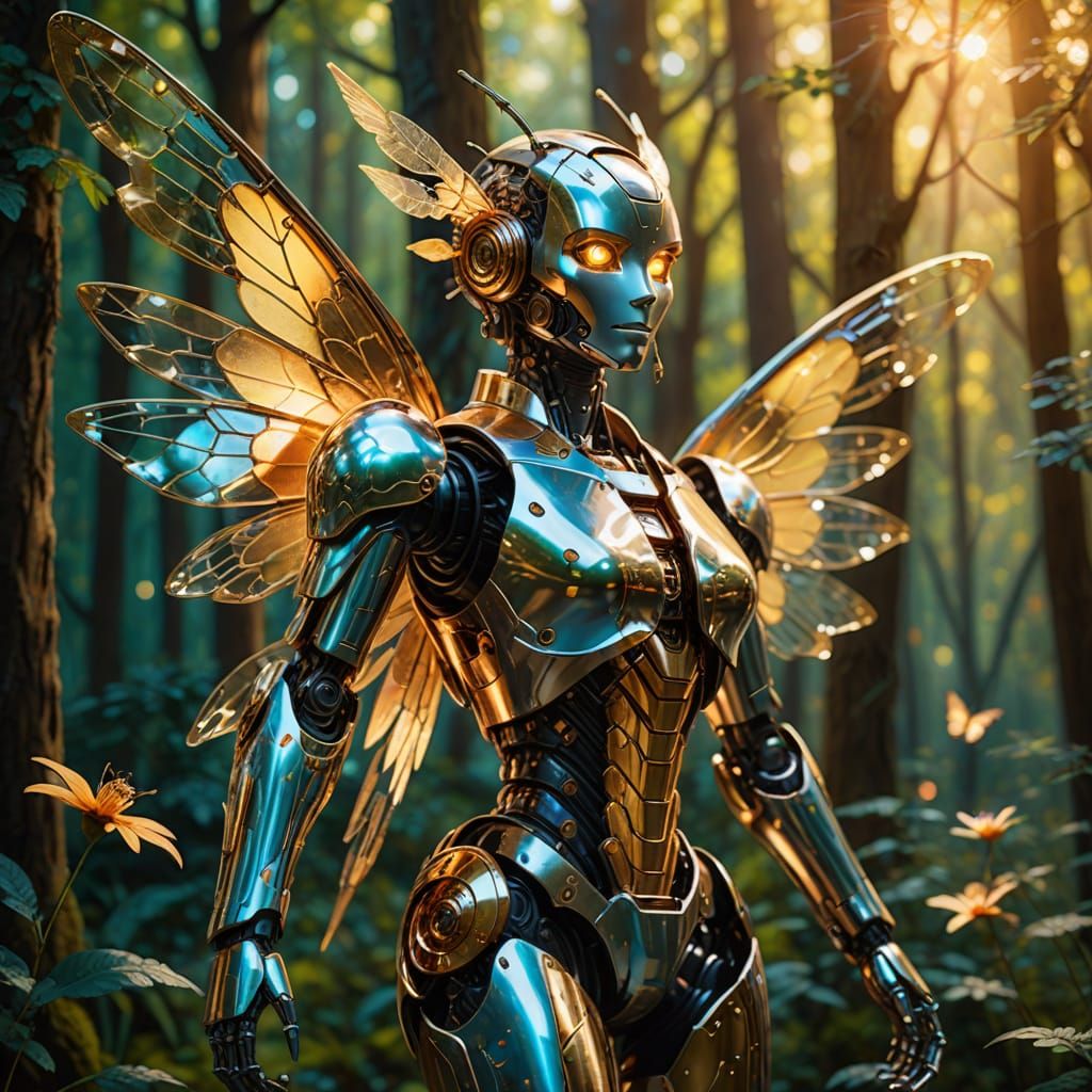 Robot Fairy in Forest, Vibrant Oil Painting