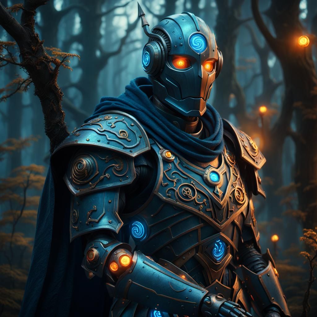 Medieval Robot Sorcerer in Mystical Forest