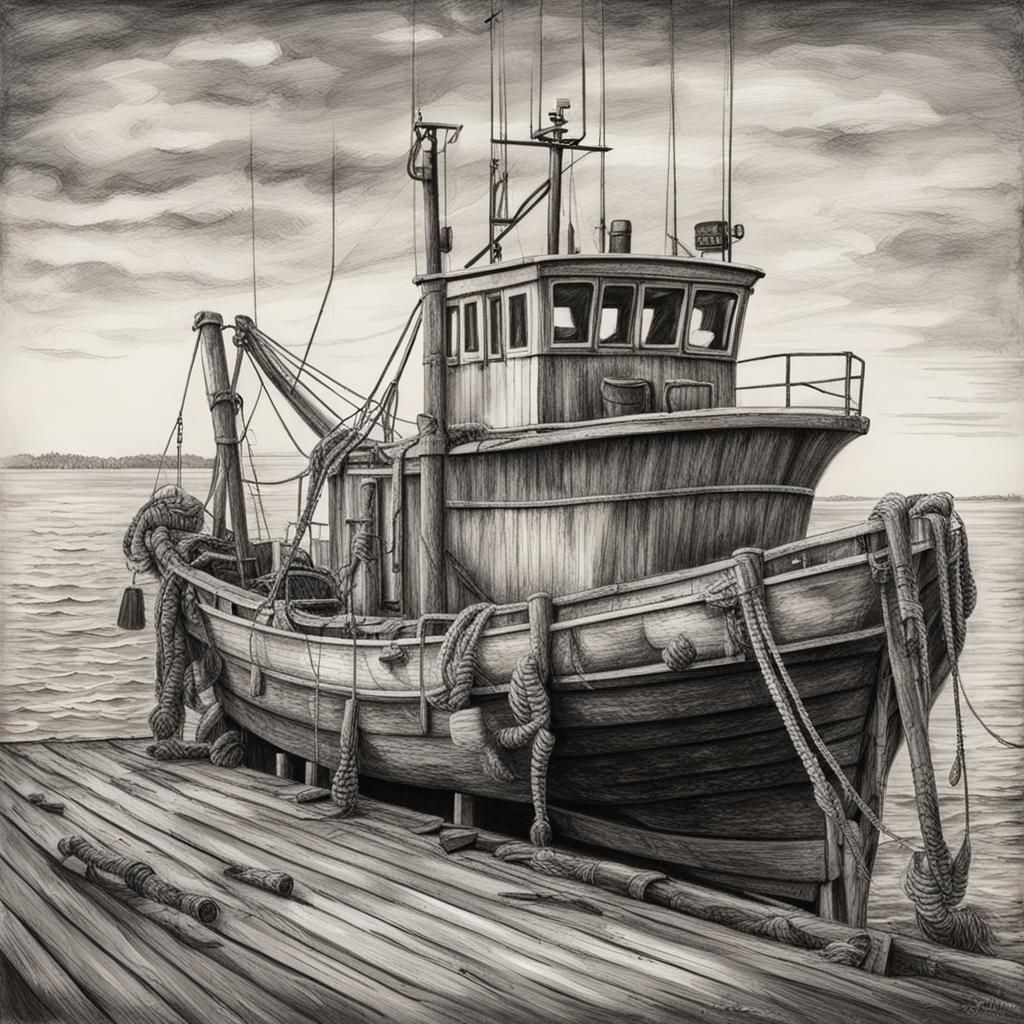 Weathered Trawler Returns: Detailed Charcoal Drawing