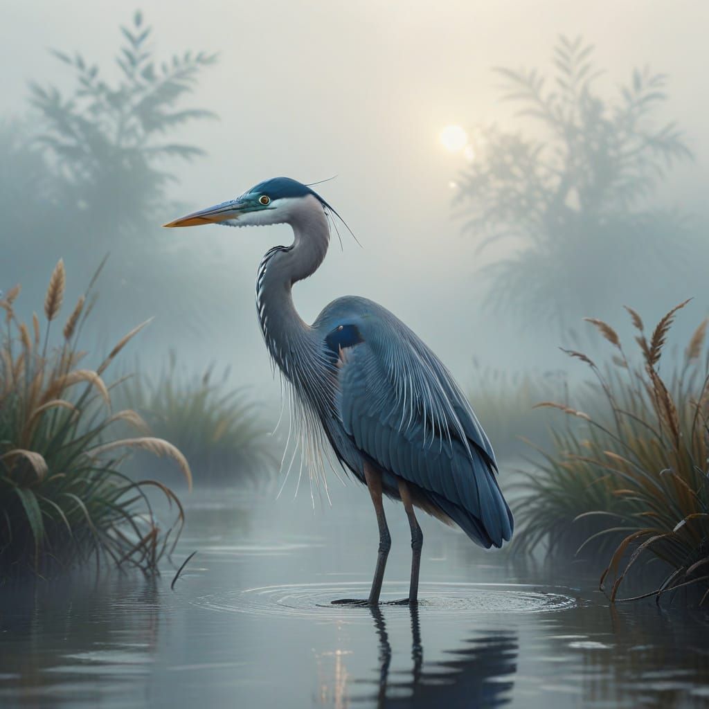 Blue Heron in Mystical Fog, Hyper-Realistic Digital Art
