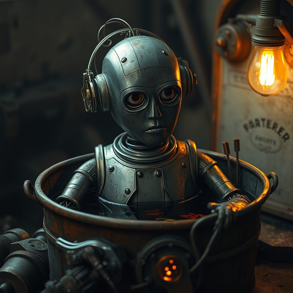 Contemplative Robot Weeps Oil Tears in Rusty Water Bucket