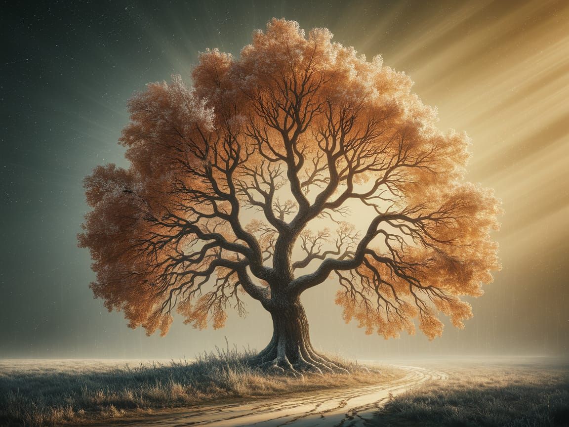 Magical Autumn Tree with Snowfall in Fantastical Mist