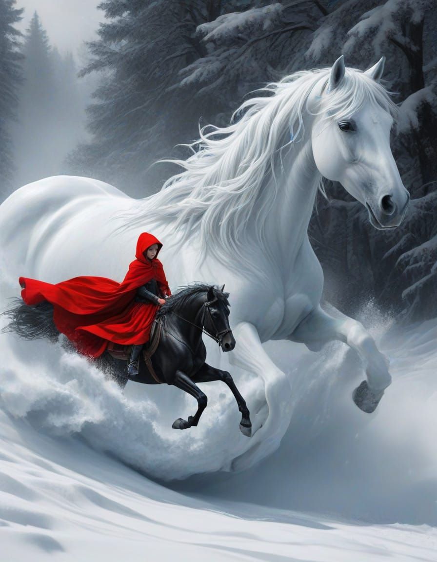 Snowy Scene of a Horse and Little Girl in Harmony