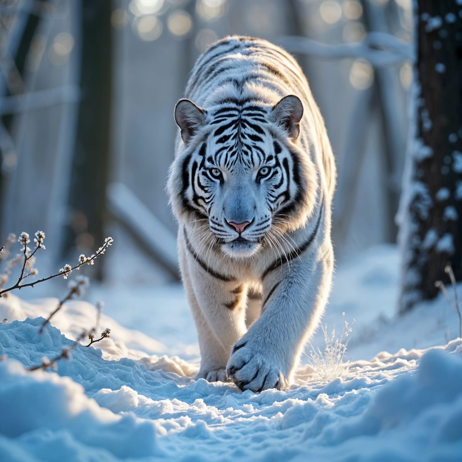 Iridescent White Tiger Prowling Winter Forest