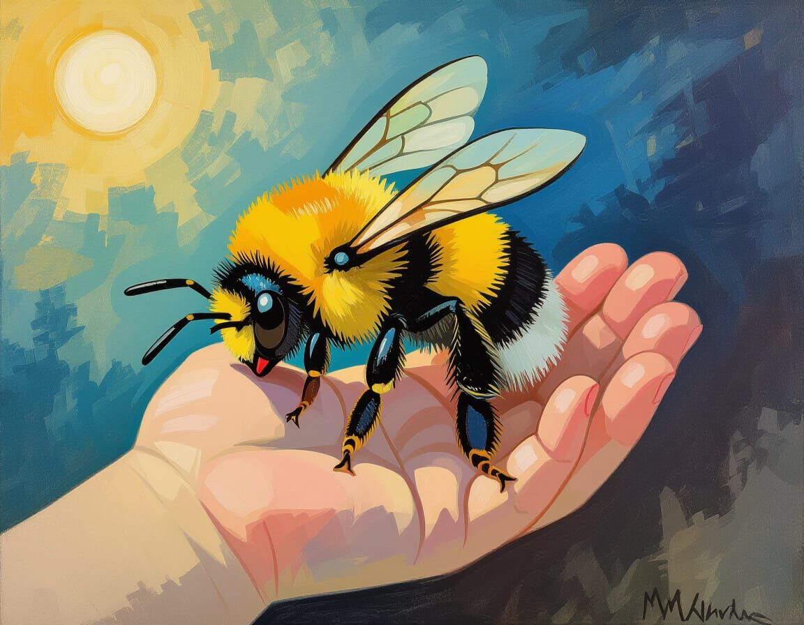 Cute Bee Napping in Hand, Abstract Art