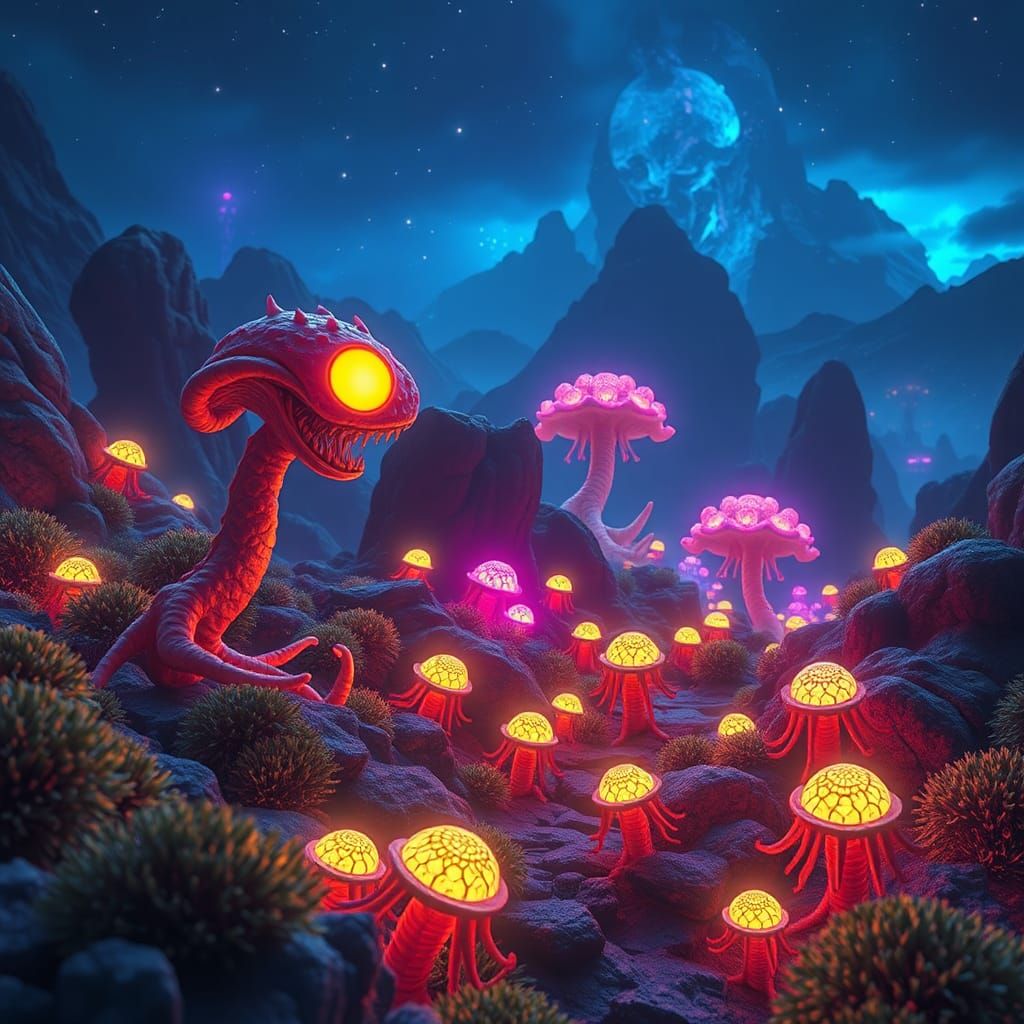Fluorescent Fantasy Landscape: Glowing World