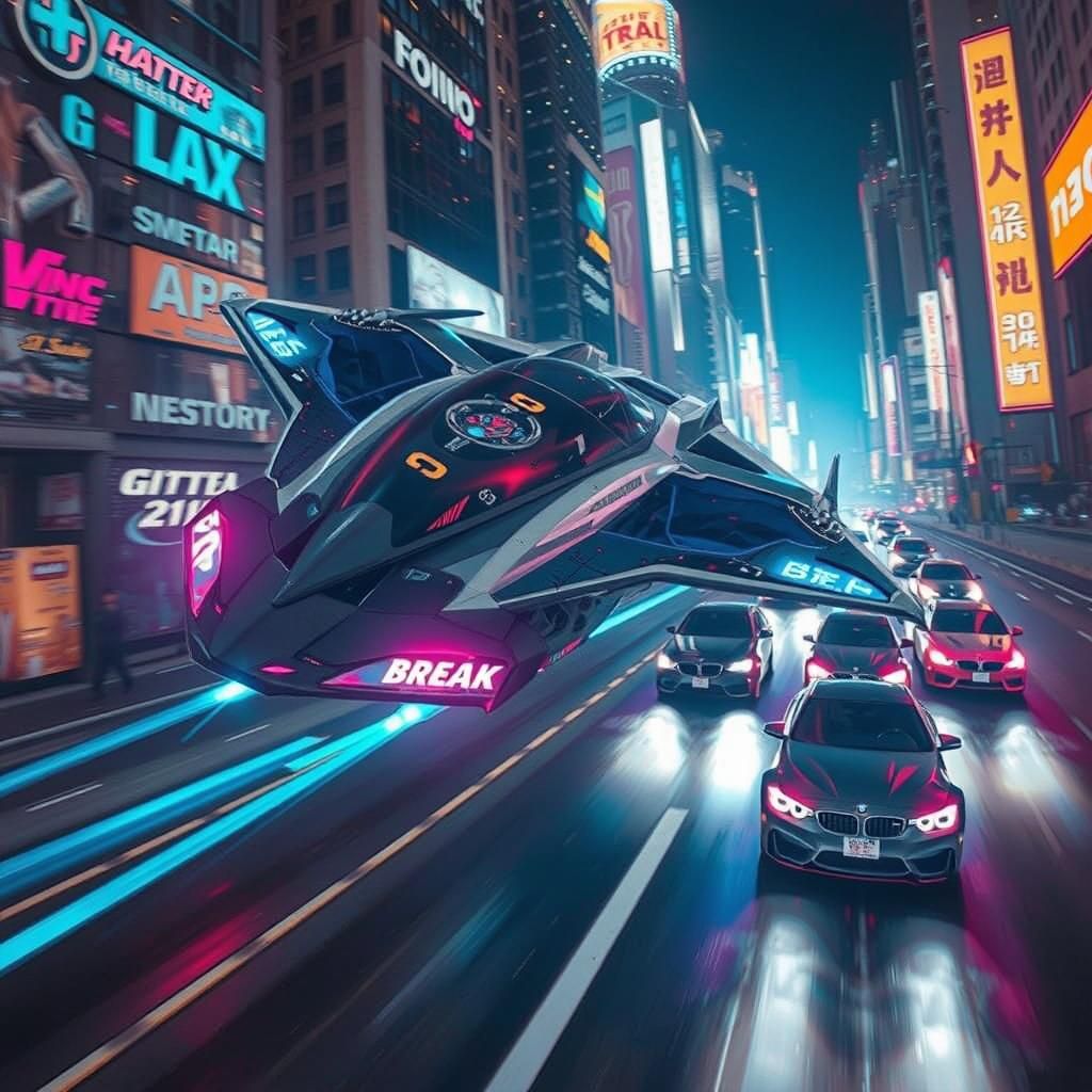 Futuristic Spaceship Leads Neon City Car Chase
