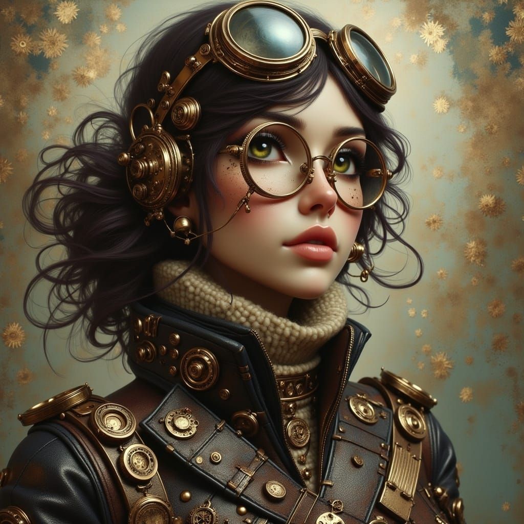Steampunk Airship Pilot Woman in Leather Coat with Gears