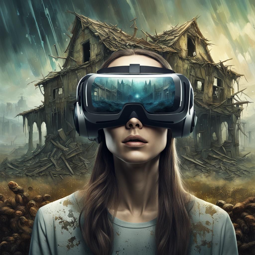 Woman in VR Glasses in Apocalyptic Ruins
