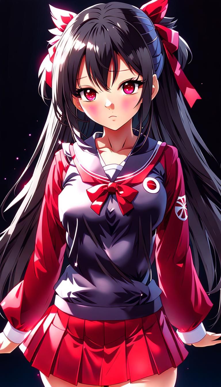 Anime Schoolgirl with Ruby Eyes and Dark Tan