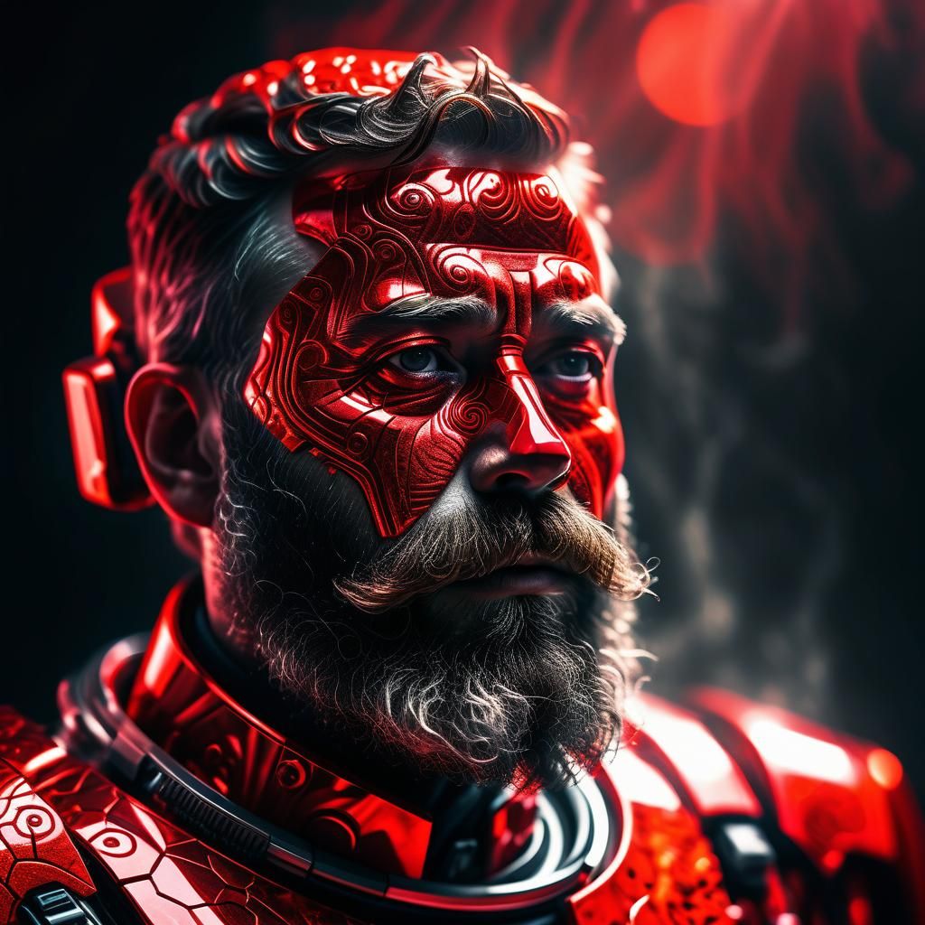 Bearded Man in Ruby Exosuit: Surrealist Portrait