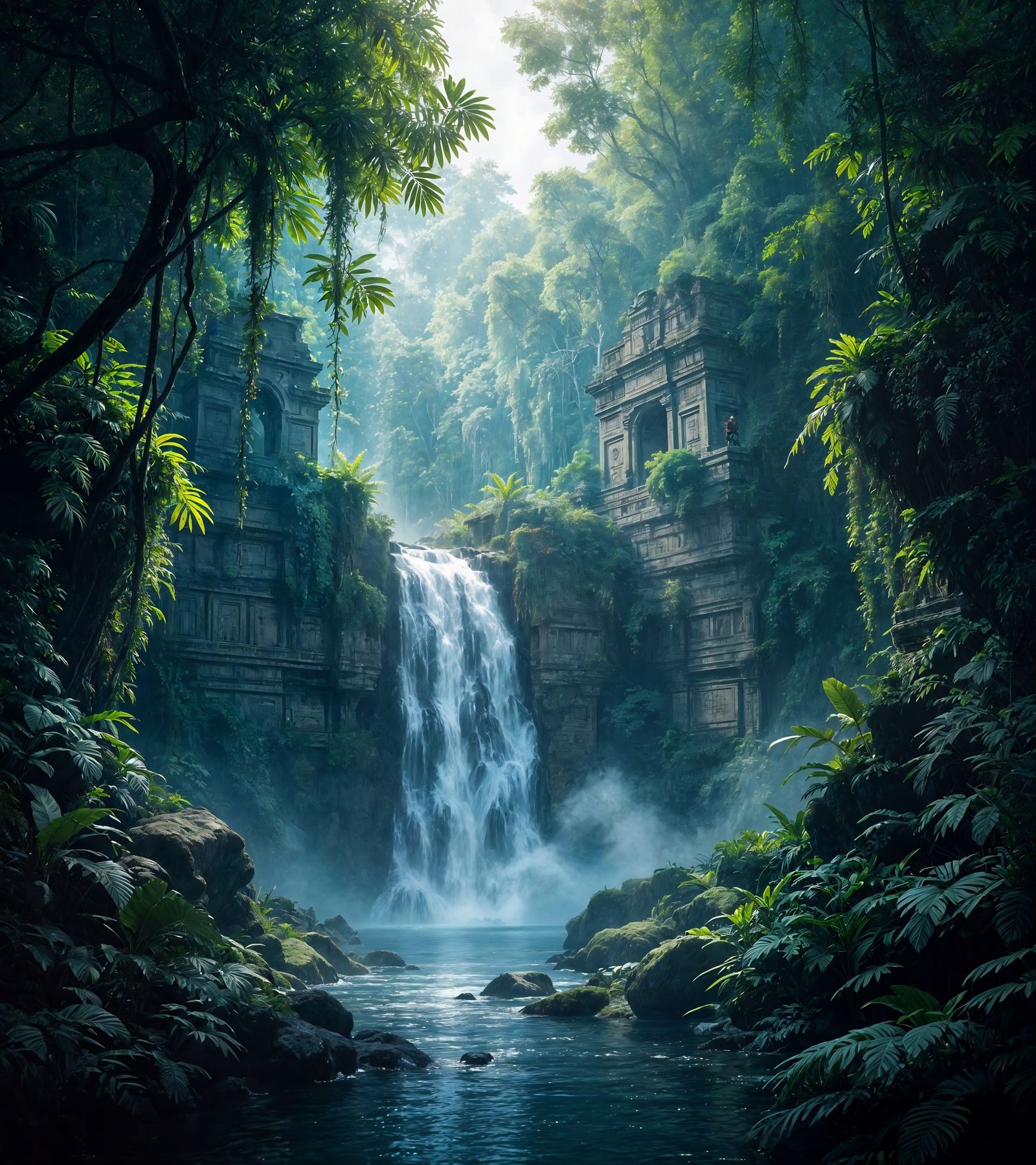 Futuristic Jungle Waterfall and Mayan Ruins in Digital Art