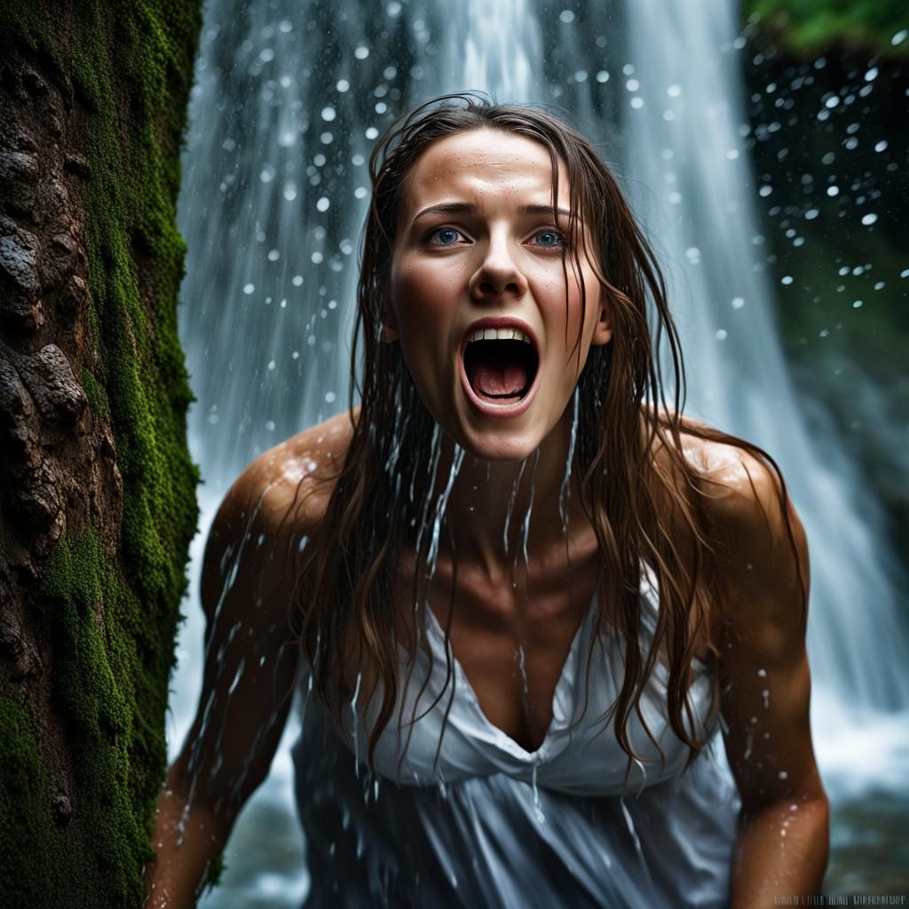 Screaming Girl Portrait Under Waterfall Forest