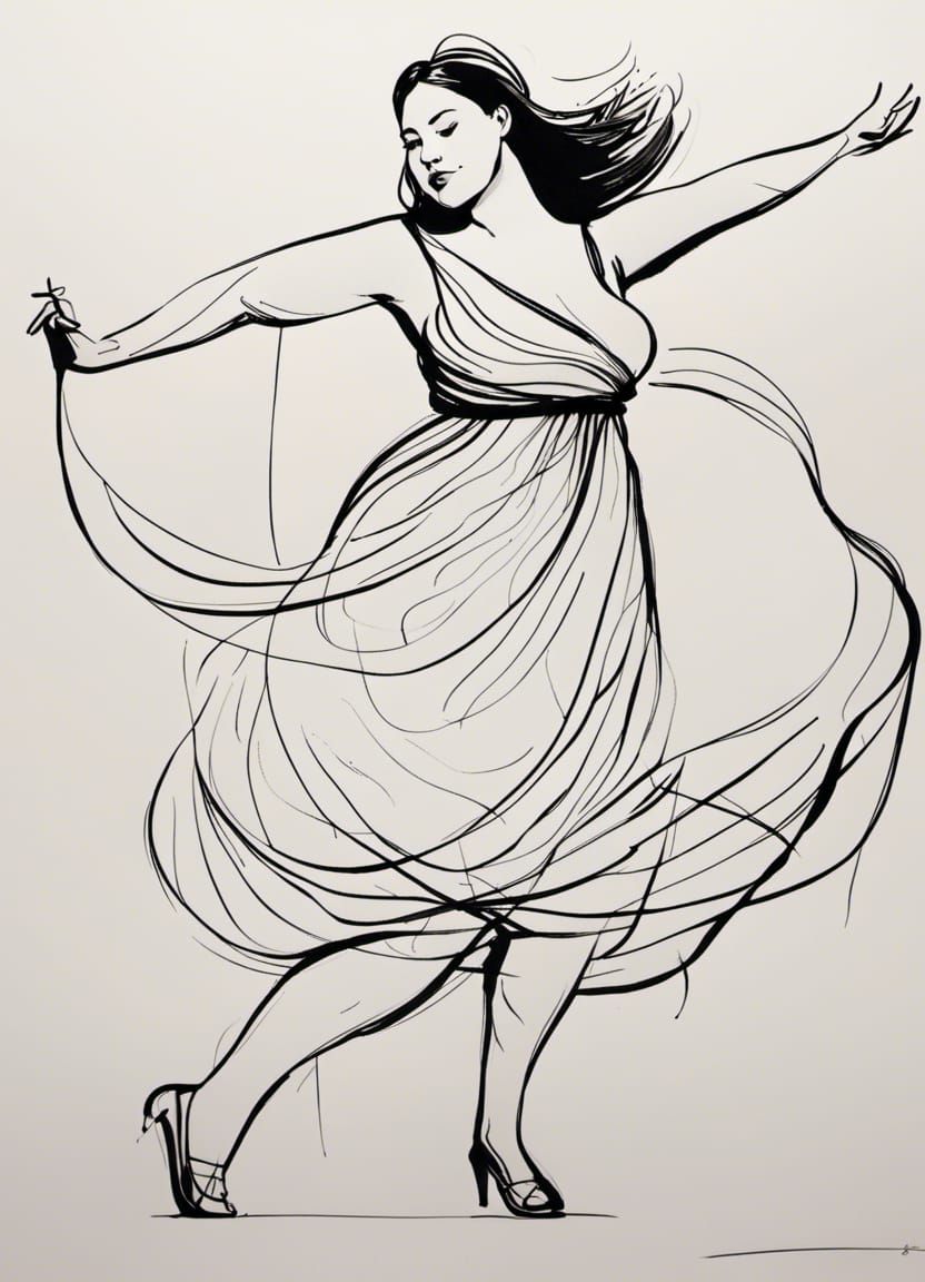 Curvy Woman Dancing: Minimalist Ink Sketch