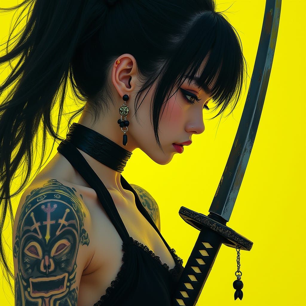 Gothic Punk Rebel in Neon Yellow and Black, Anime-Inspired P...