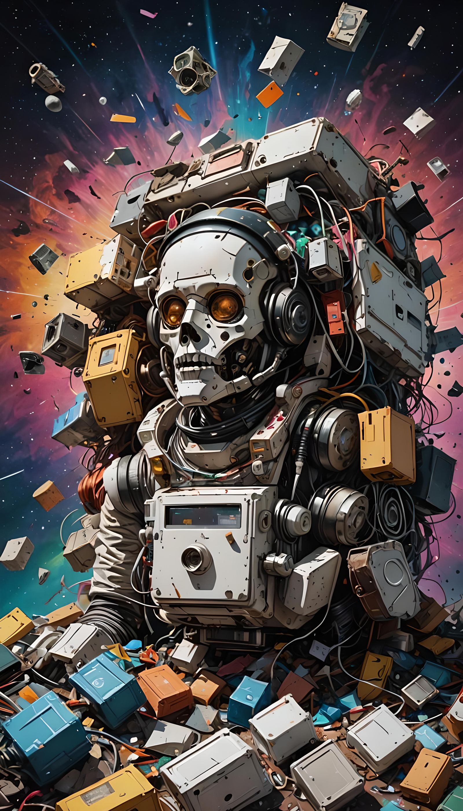 Hyperrealistic 1980s Tech Drifting in Space