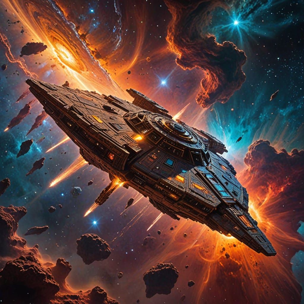 Ancient Starship in Vibrant Nebula