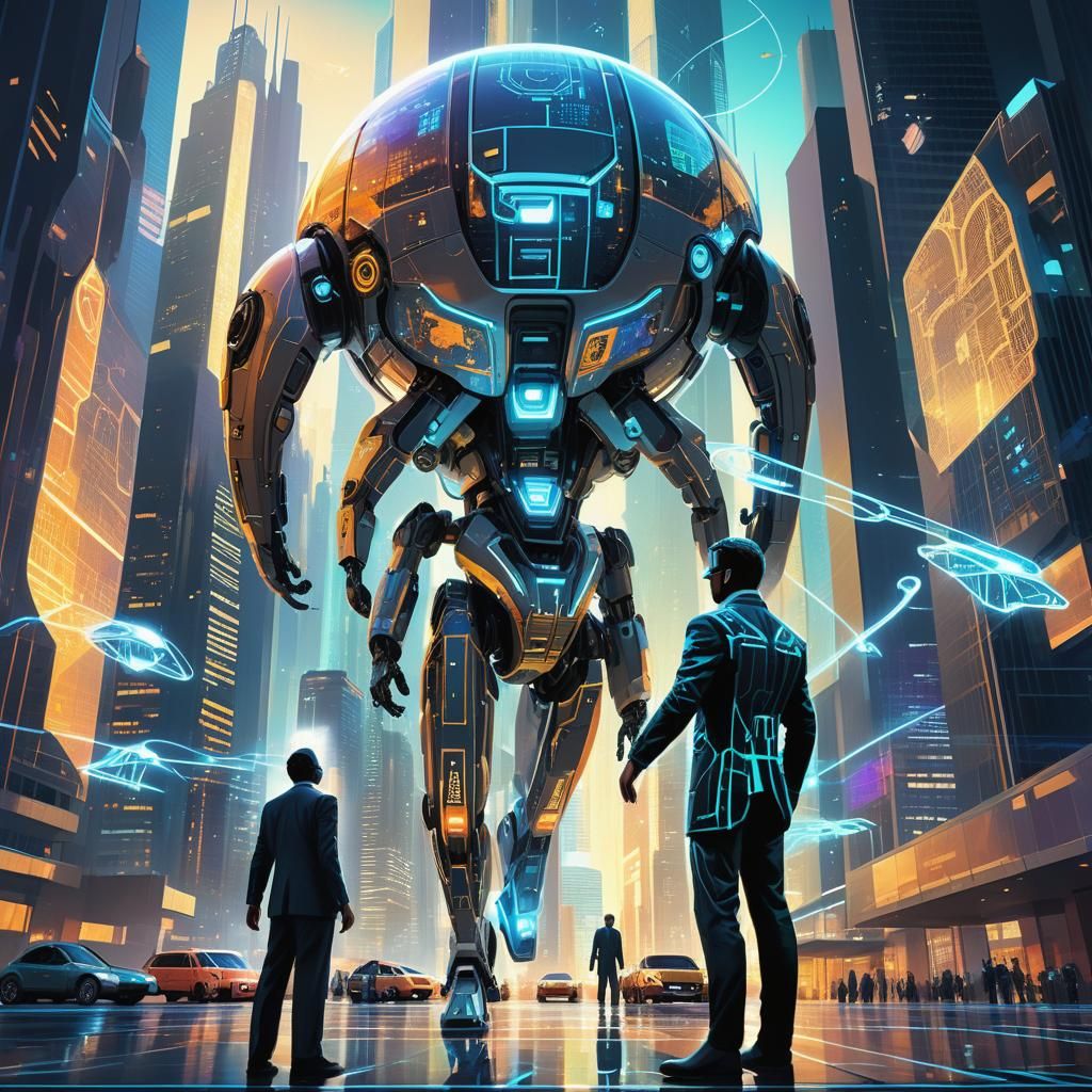 Futuristic Cityscape with Engineer in Da Vinci-Mead Style