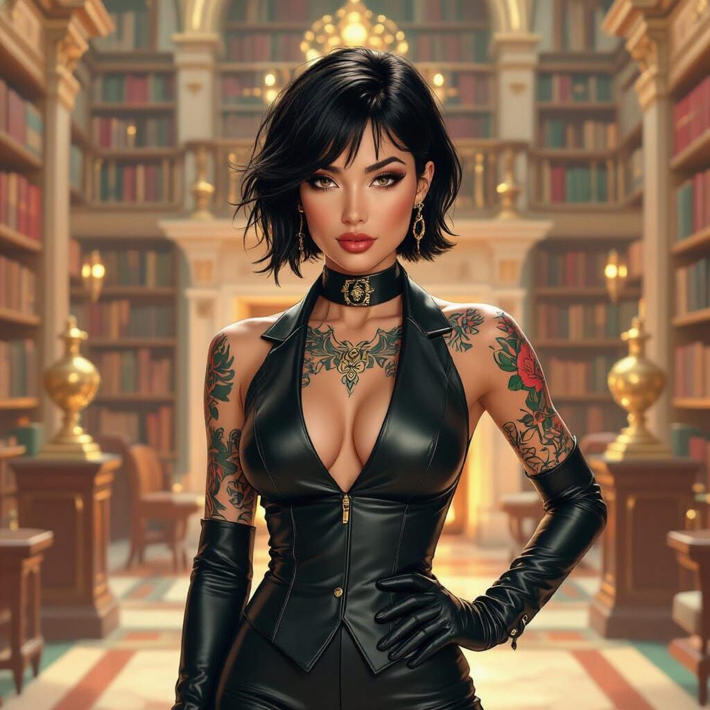 Futuristic Woman in Library with Glowing Tattoos