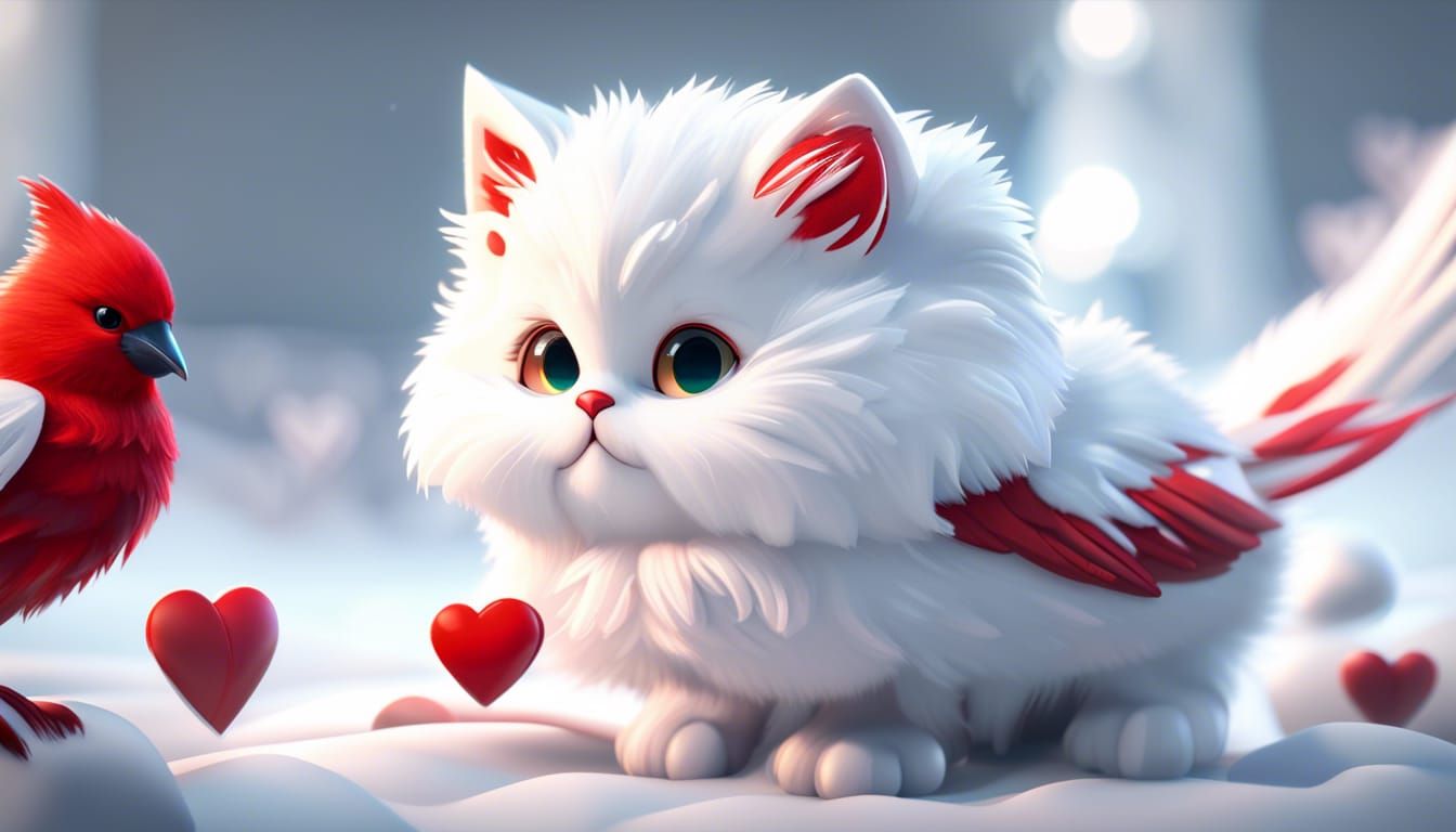 White fluffy kitten red bird in the snow hearts 3D Game Cinematic Feel, Epic 3D Videogame Graphics, Intricately Detailed...