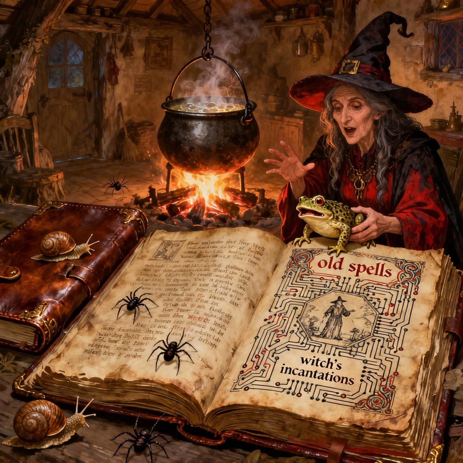 Witch Reading Ancient Spellbook in Firelit Cottage