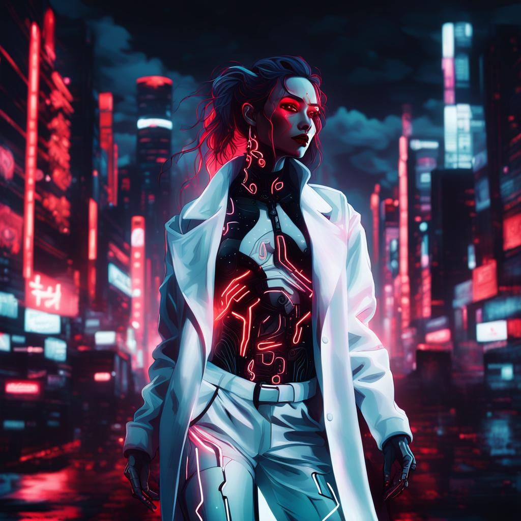 Cyberpunk Cyborg Girl in Vaporwave Neon Cityscape