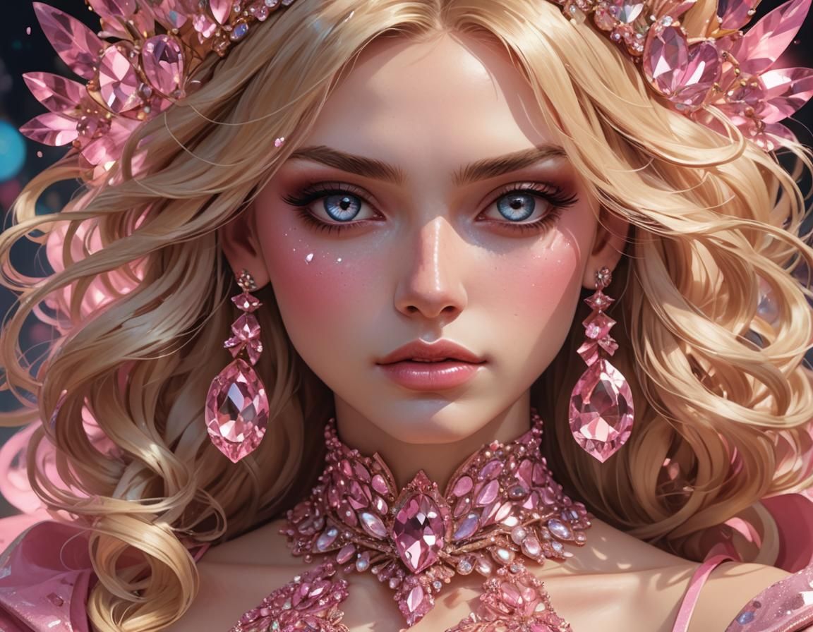 Young crossdresser close up of face beautiful big eyes makeup on long blonde hair tied back dressed in pink ballgown mad...