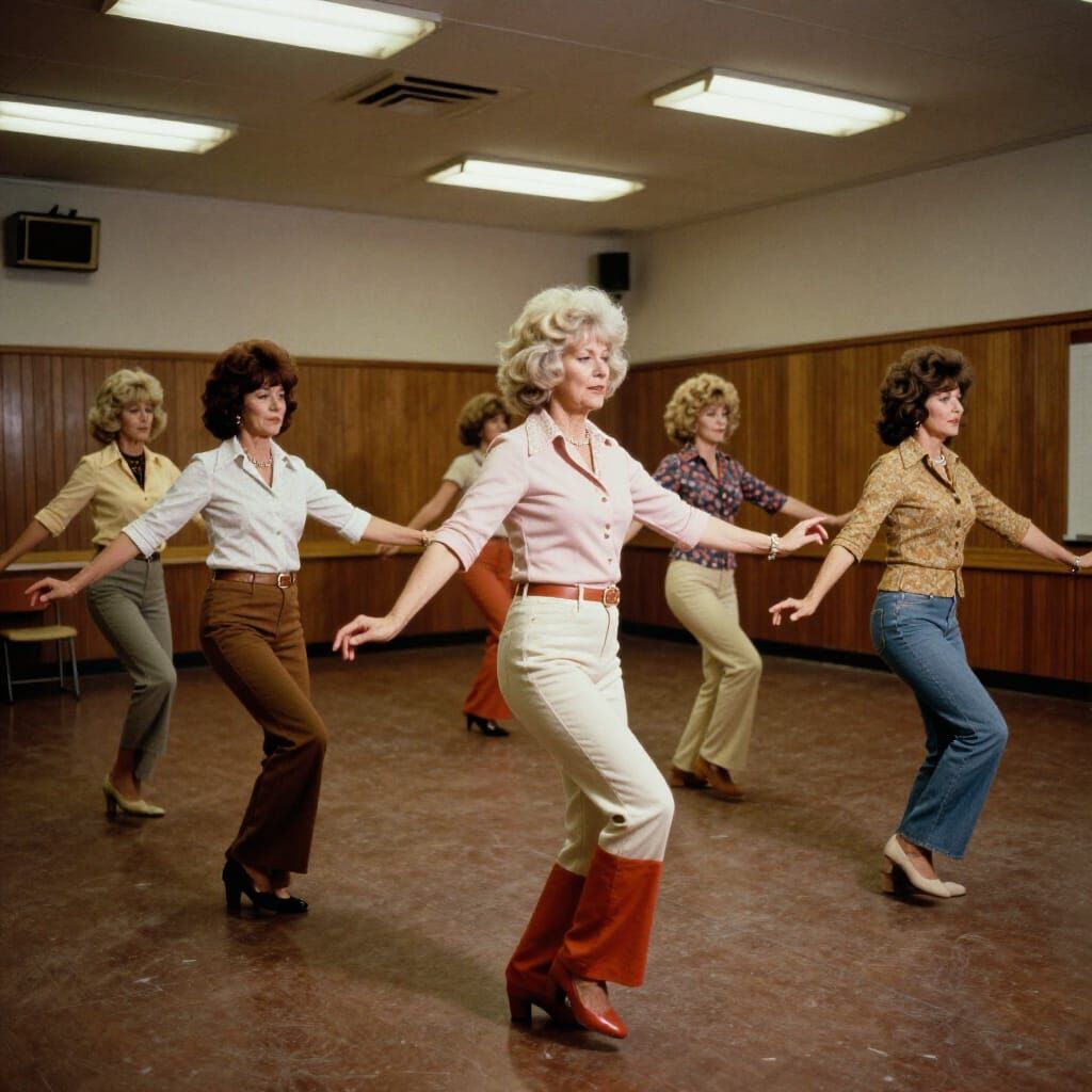 1970s Women Dance Lesson in Retro Assembly Hall