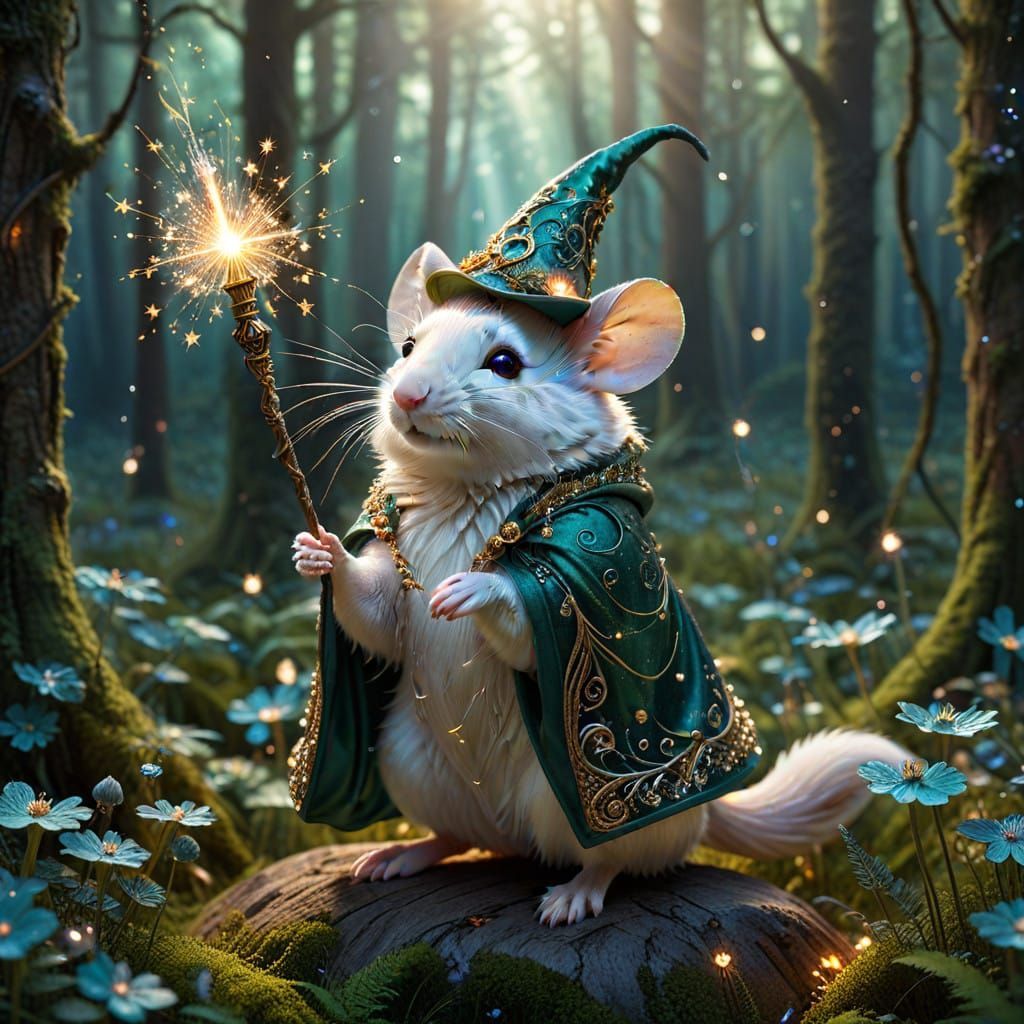 Whimsical Mouse Wizard Soars in Enchanted Forest