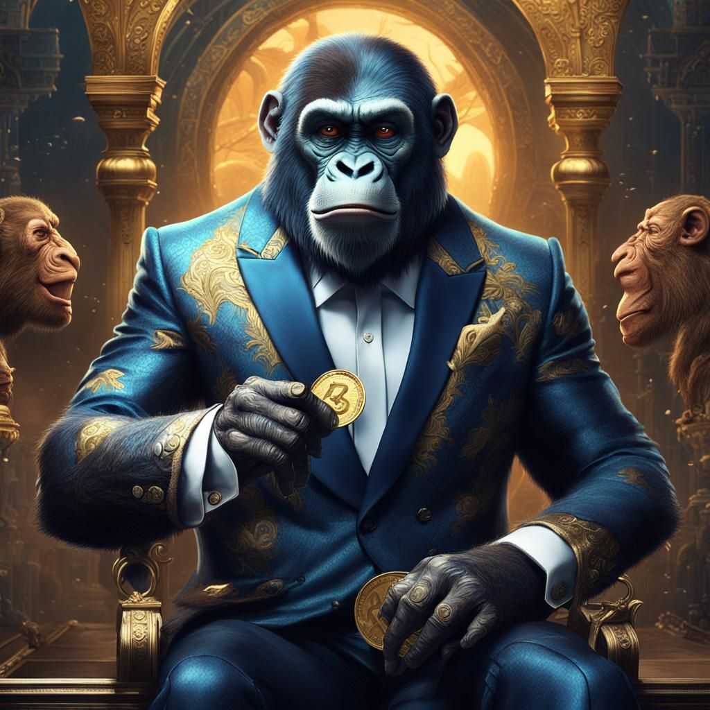 Ape in Suit Holding Coin: Detailed Matte Painting